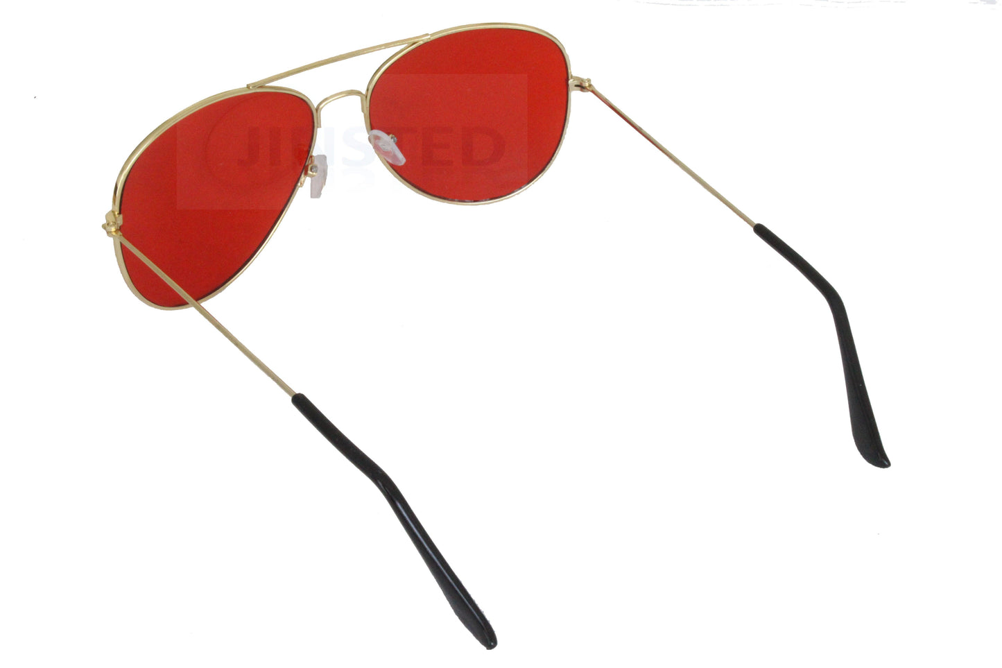 Adult Red Aviator Sunglasses Pilot Design Gold Frame UV400 Protection - Jinsted