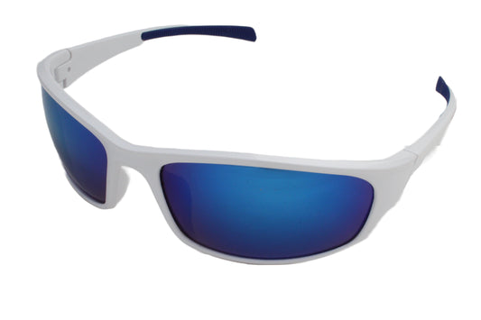 Blue Mirrored Adult Cycling Sunglasses White Wrap Around Sports Frame - Jinsted
