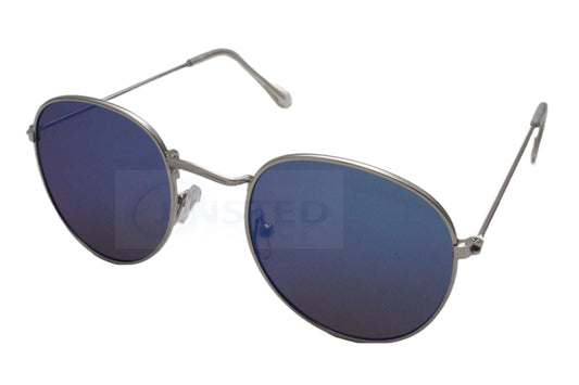 Adult Blue Mirrored Round Sunglasses with Silver Circle Frame - Jinsted
