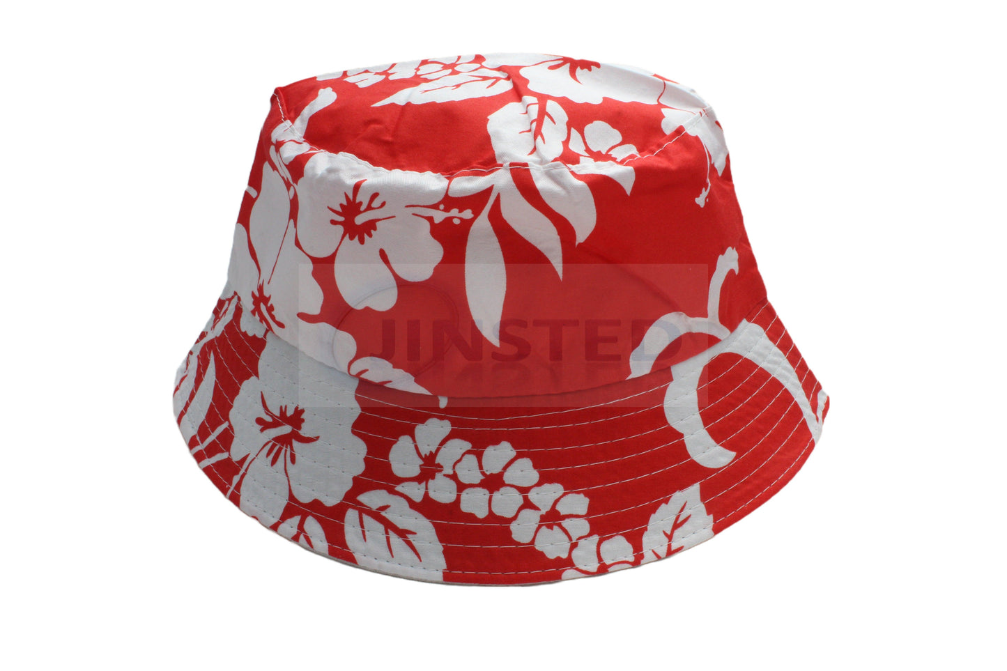 Adult Unisex Red Bucket Hat Floral Design with White Flowers - Jinsted