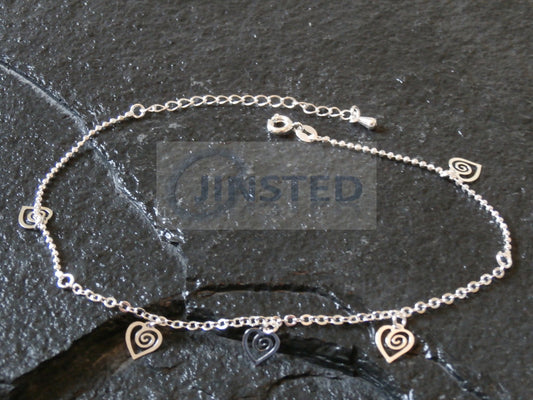 Ladies Jewellery, Silver Anklet with 5 Heart Charms, Jinsted