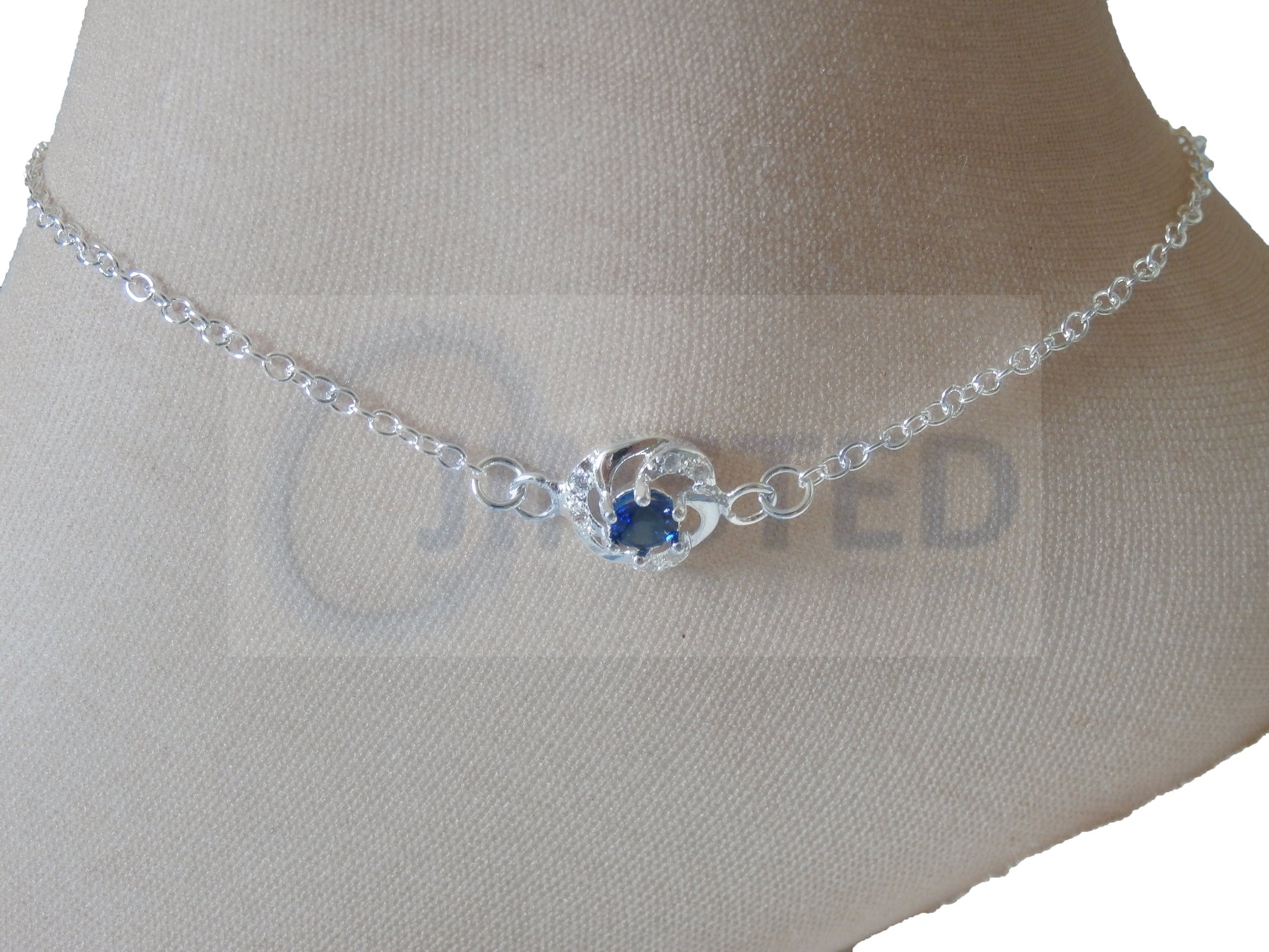 Ladies Jewellery, Silver Anklet with Blue Jewel Design, Jinsted